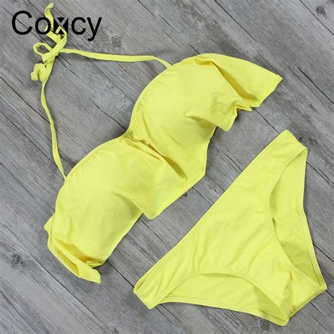 Coxcy Yellow Sexy Ruffle Bikinis Set Women Female Brazilian Push Up