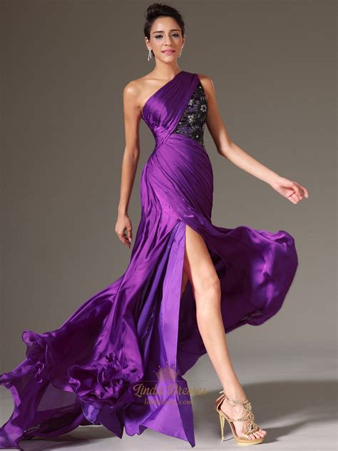 Purple One Shoulder Lace Bodice Chiffon Prom Dress With
