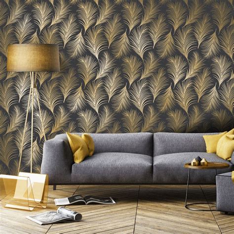 Holden Metallic Feather Pattern Wallpaper Leaf Motif Modern Textured