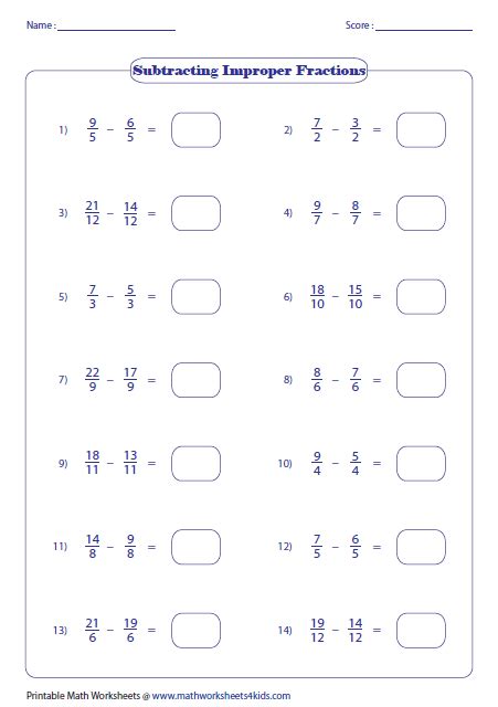 Subtracting Mixed Numbers Grade 4 Fractions Worksheet