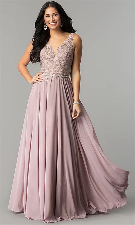 When prom season rolls around, that means one thing: V-Neck Lace-Applique Long Chiffon Prom Dress -PromGirl