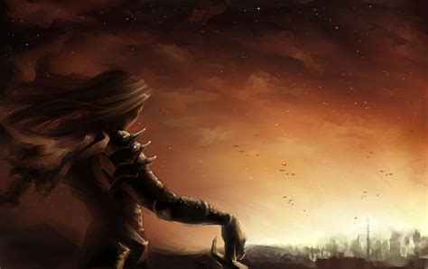 Digital Illustration Of A Fantasy Female Warrior Look Out At Dusk