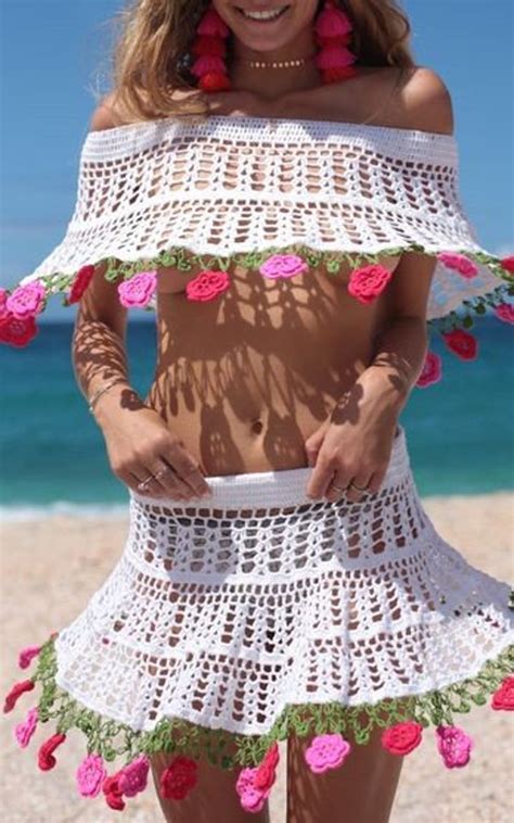 Women Crochet Set Skirt Open Shoulder Top With Ruffles And Etsy