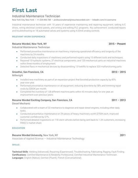 Industrial Maintenance Technician Resume Examples For 2024 Resume Worded