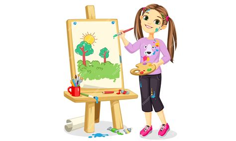 Artista Niña Pintando Sobre Lienzo Hermosa Ilustración Vector Premium