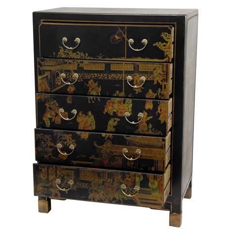 Oriental Furniture Black Lacquer Village Life Five Drawer Chest Ebay