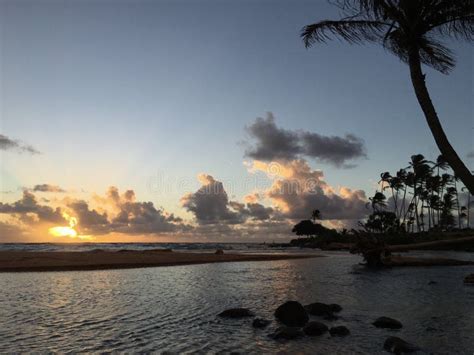Sunrise In October In Wailua Bay On Kauai Island Hawaii Stock Photo