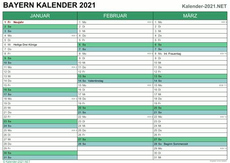Dieser kalender 2021 entspricht der unten gezeigten grafik, also kalender mit kalenderwochen und feiertagen, enthält aber zusätzlich eine übersicht zum kalender, welcher feiertag in welchem bundesland gilt. Kalender 2021 Bayern