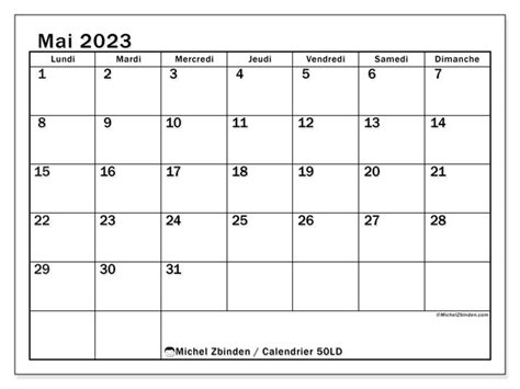 Calendrier Mai 2023 à Imprimer “50ld” Michel Zbinden Fr