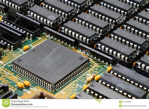 An integrated circuit is a circuit that's been reduced in size to fit inside a tiny chip. Close Up Of Computer Circuit Board Stock Photo - Image of ...