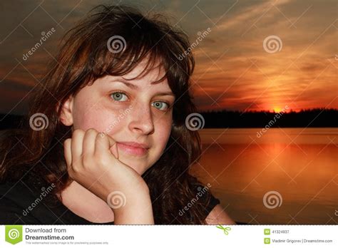 Caucasian Girl 13 Years Old Closeup On Sunset Background Stock Image