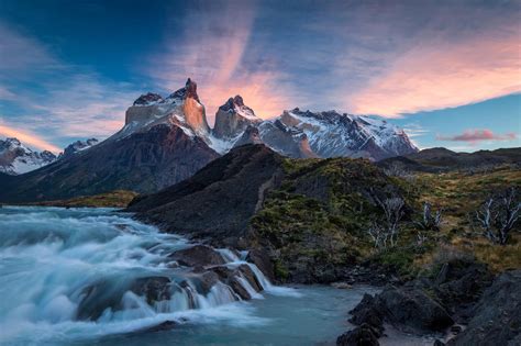 Torres Del Paine Chili River Waterfall Sky Clouds Mountains Wallpaper