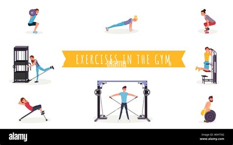 Fitness Exercises Flat Vector Illustrations Set Young Men And Women In