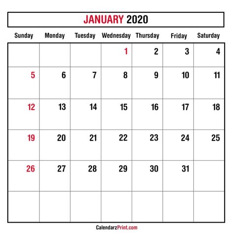 January 2020 Monthly Planner Calendar Printable Free Sunday Start