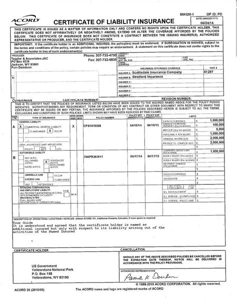Acord Commercial Insurance Application 125 Financial Report