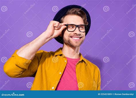 Photo Of Cheerful Young Positive Man Look Empty Space Wear Glass Smile