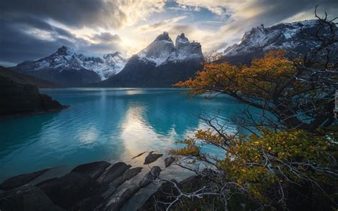 Jezioro Pehoe Lake I Góry Cordillera Del Paine W Chile