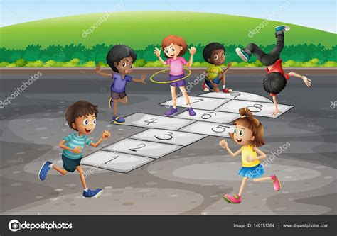 Muchos Niños Jugando A La Hopscotch En El Parque Vector Gráfico