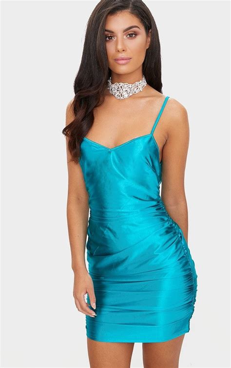 Teal Satin Strappy Plunge Ruched Bodycon Dress Ruched Bodycon Dress