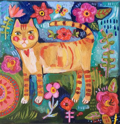 Folk Art Cat Painting On Canvas Folk Art Cat Cat Art Illustration