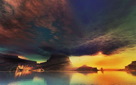 Wallpaper Sunlight Landscape Digital Art Sunset Sea Lake Nature