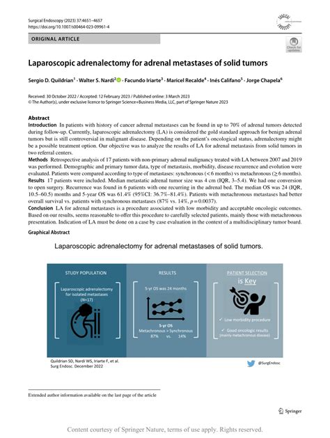 Laparoscopic Adrenalectomy For Adrenal Metastases Of Solid Tumors Request Pdf