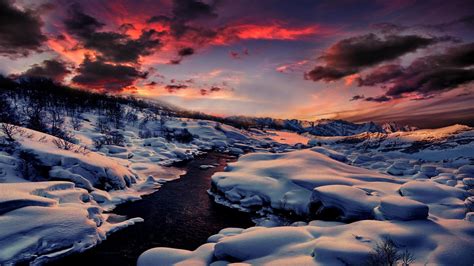Winter Snow River Mountain Forest Sunset Wallpaper