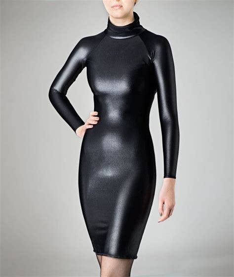 Skintight Shiny Longsleeve Dress Wet Look Spandex Black Black Faux