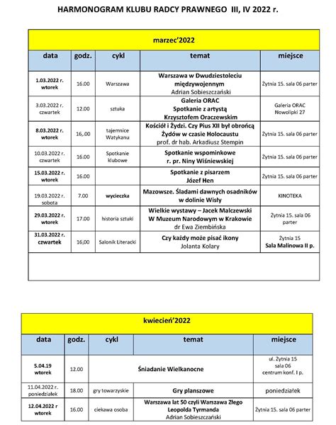 Harmonogram Klubu Radcy Prawnego III IV 2022 Okręgowa Izba Radców