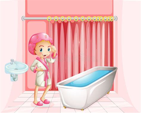Una Señora Joven Que Toma Un Baño En El Cuarto De Baño Ilustración Del