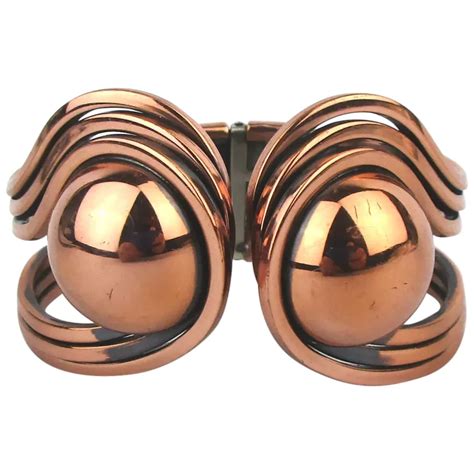 Modernist Rame Signed Copper Clamper Bracelet W Balls Ruby Lane