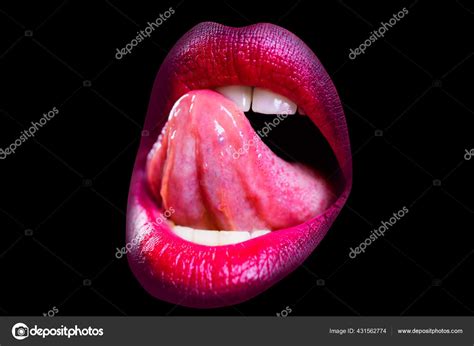 Sexy Open Mouth With Tongue Lick White Teeth Sensual Red Lips Sexy