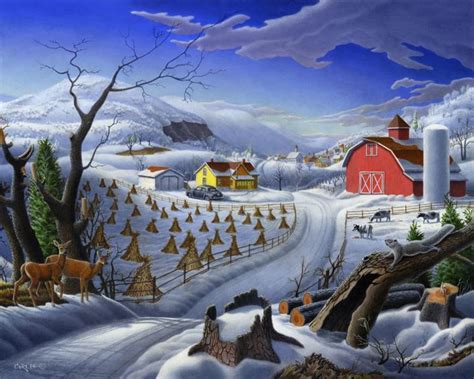 Folk Art Winter Farm Landscape Walt Curlee Fine Art And Prints