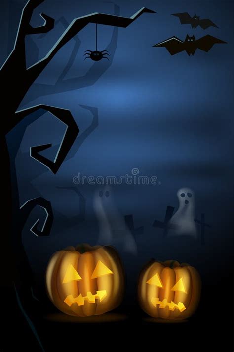Halloween Landscape With Pumkins Ghost And Cemetery Vector