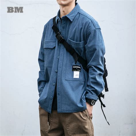 고품질 와플 체크 무늬 셔츠 탑스 하라주쿠 루즈핏 캐주얼 코트 한국 의류 남성용 일본 스트리트웨어 봄 가을