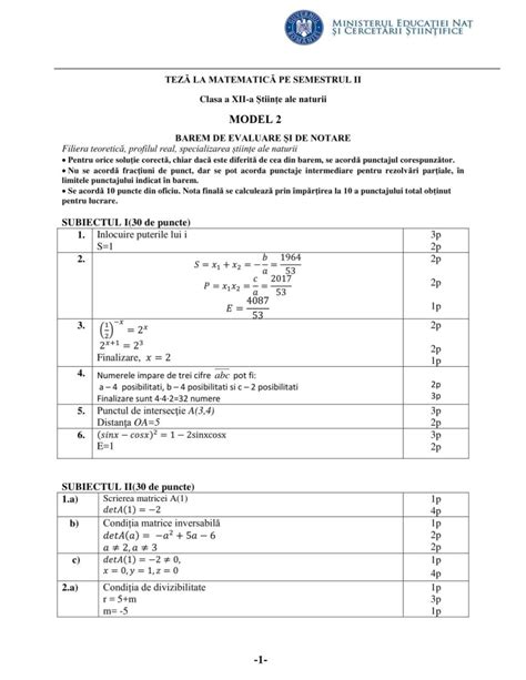 Clasa A 12 A Mstiinte Modele De Teza La Matematica Semestrul Al Ii