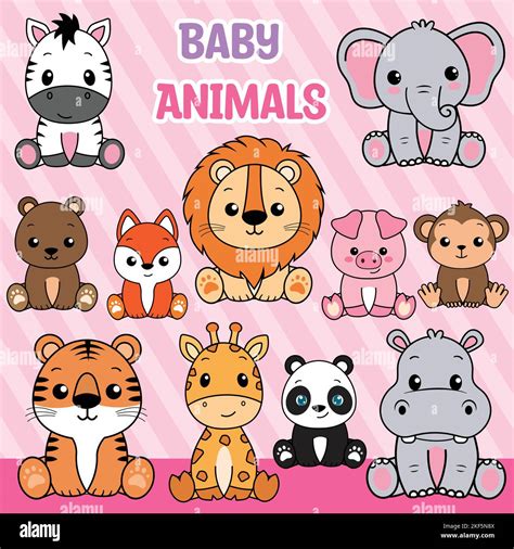 Cute Baby Animals Illustration Set Including Lion Tiger Hippo Fox