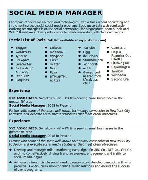 Table of contents social media specialist resume template (text format) common certificates for social media specialist resume 7+ Social Media Resume Templates - PDF, DOC | Free ...