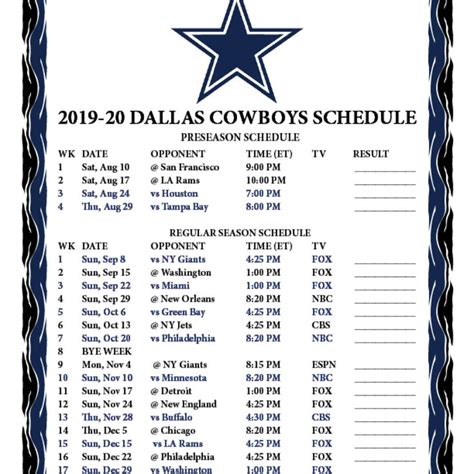 Dallas Cowboys Printable Schedule 2020 2020 Dallas Cowboys Schedule