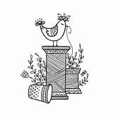 Spool Thimble Bobina Cucito Disegnata Draadspoel Uccello Vektorillustrationen Garn Klumpa Ihop Handarbete Visare Kleuring Leggen Gulliga Fågeln sketch template