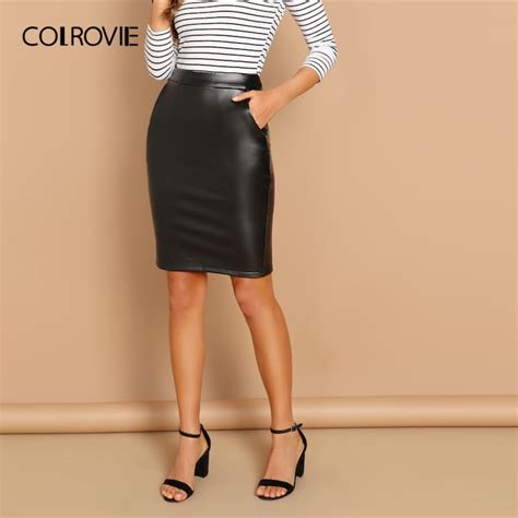 Colrovie Black Solid Zipper Back Split Leather Skirt 2019 Spring