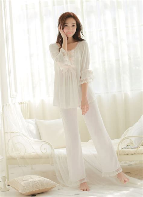 Women Cotton Sleepwear Set Pure White Pajamas Suits Sweet Princess