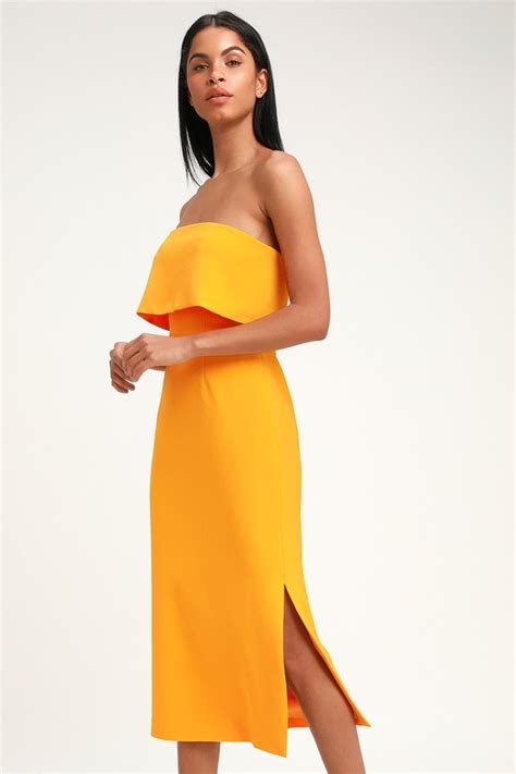 Cmeo Entice Yellow Midi Dress Strapless Dress Midi Dress Lulus