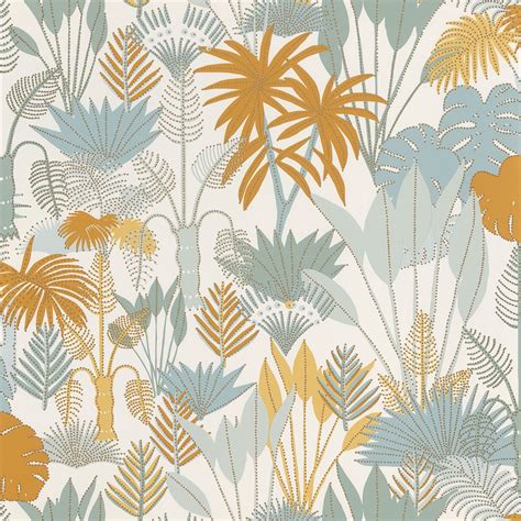 Papier Peint Satine 100 Intissé Motif Jungle Floral Blanc Et Bleu