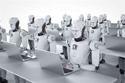 3d Rendering Humanoid Robots Working On Laptop Computer