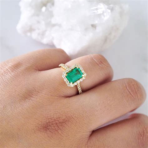 18K Yellow Gold Colombian Emerald Engagement Ring Art Deco Style