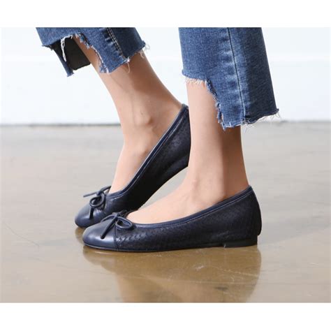 Womens Hand Made Navy Scale Leather Ballet Flat Shoes