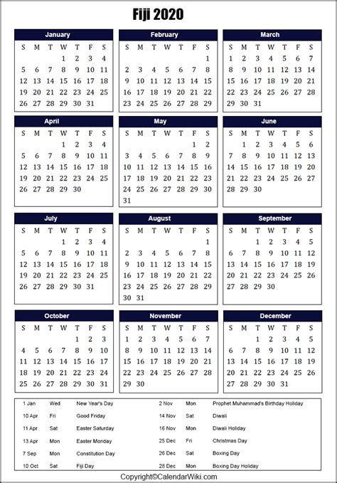 Printable Fiji Calendar 2020 With Holidays Public Holidays