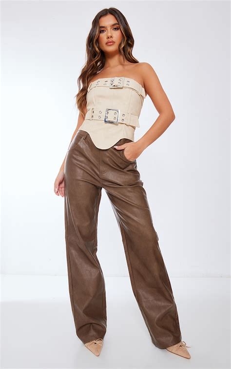 Washed Brown Faux Leather Straight Leg Pant Prettylittlething Aus