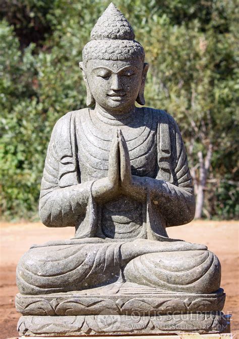 Sold Seated Hand Carved Lava Stone Anjali Namaste Mudra Full Lotus